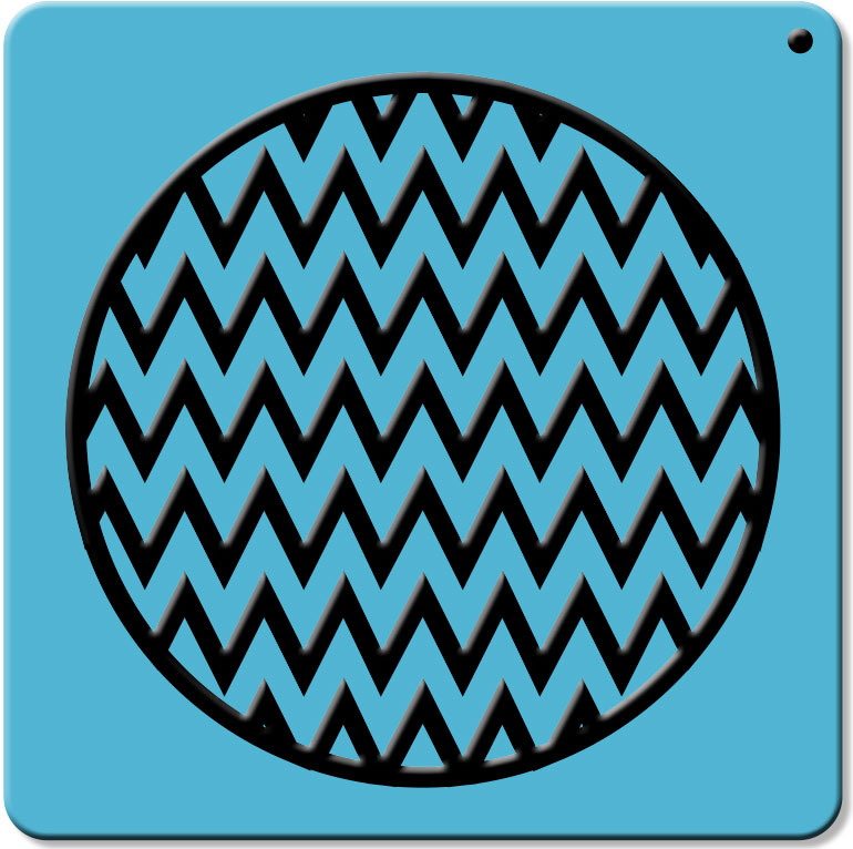 Quadratische blaue Spielkarte mit einem erhabenen Kreis mit schwarzer Umrisslinie. Der Kreis ist mit schwarzen Zickzacklinien ausgef&uuml;llt.