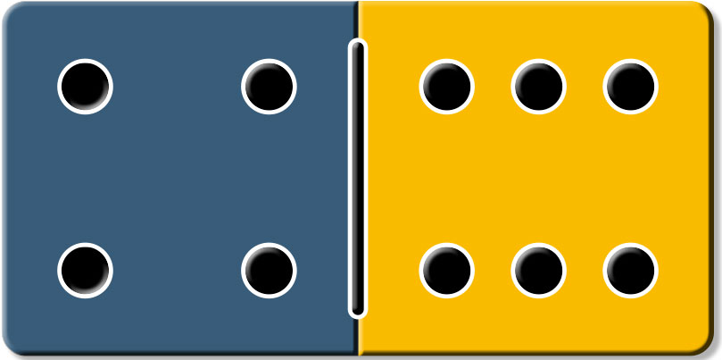 Ein Dominostein mit vier schwarzen, erhabenen Punkten auf blauem Hintergrund auf der linken Seite und mit sechs schwarzen, erhabenen Punkten auf gelbem Hintergrund auf der rechten Seite.