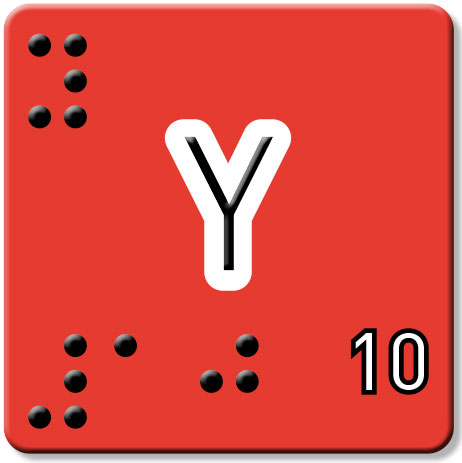 Eine quadratische, rote Spielkarte mit abgerundeten Ecken. In der Mitte ist ein erhabenes Y in Schwarzschrift mit weisser Umrandung. Darunter steht rechts die Schwarzschrift 10 mit schwarzer Umrisslinie und gef&uuml;llt mit weiss. Daneben in der linken Ecke steht die Zahl 10 in erhabener Brailleschrift. Oben links befindet sich der Buchstabe Y in erhabener Brailleschrift.